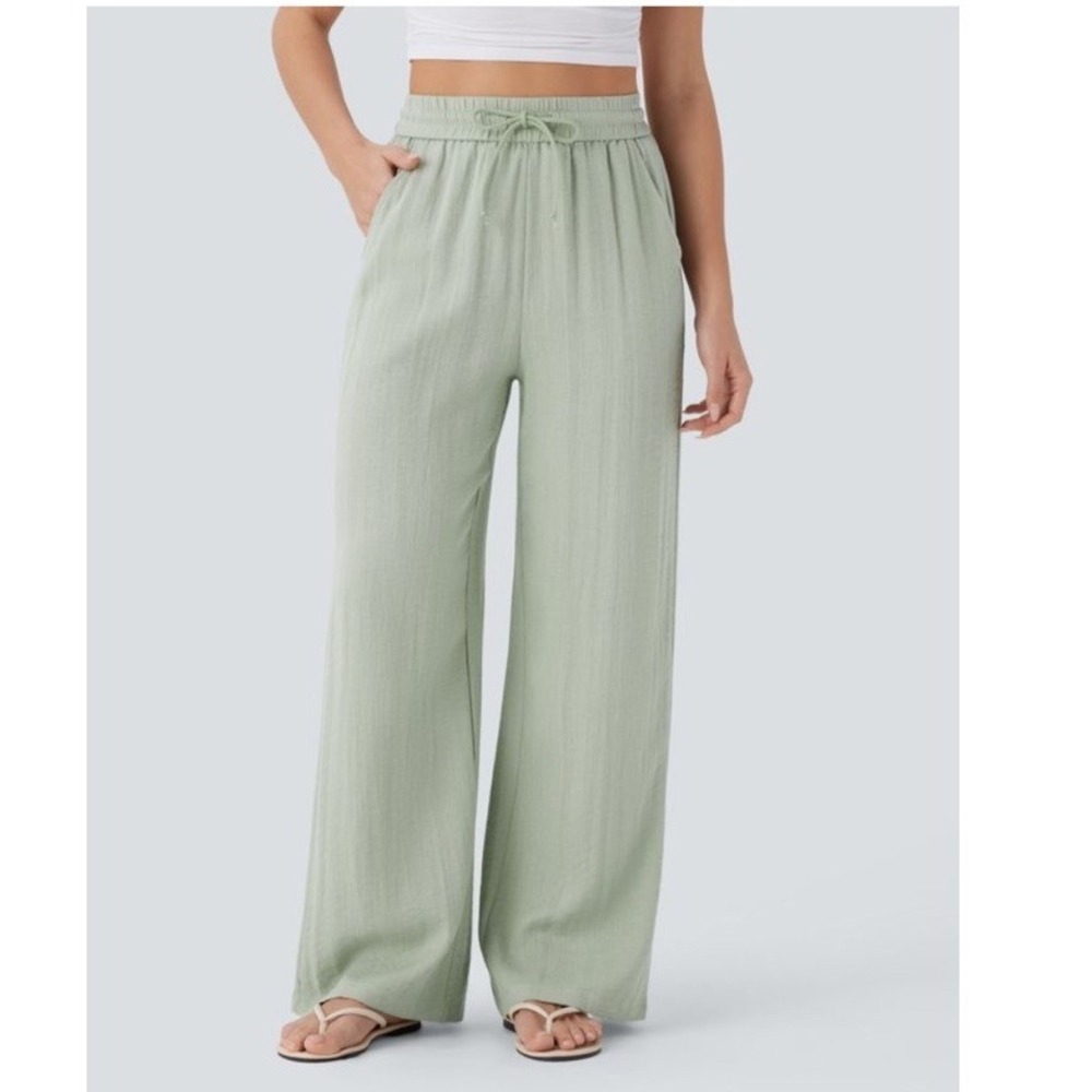 2 -Halara NWT High Waisted Drawstring Pocket Wide Leg Casual Linen-Feel Pants